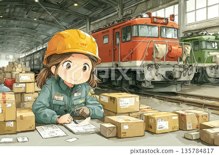 女工作人員在貨運列車上檢查行李 | 淺顯易懂的插圖，向孩子們介紹物流工作 135784817