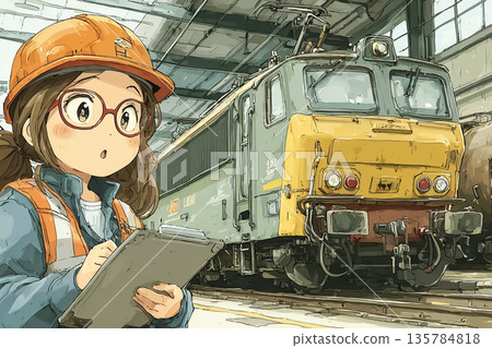 女性工作人員正在檢查貨運列車運行情況 | 插圖描繪了支持交通運輸的工作 女性工作人員正在檢查貨運列車運行情況 | 插圖描繪了支持交通運輸的工作 135784818