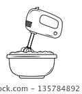 Mixer mixes the dough, doodle style, black outline 135784892
