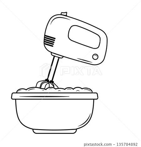 Mixer mixes the dough, doodle style, black outline 135784892