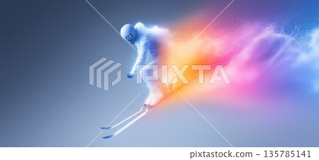 alpine skiing banner. alpine skiing dynamic wallpaper with colorful light trails on a dark background alpine skiing banner. alpine skiing dynamic wallpaper with colorful light trails on a dark background 135785141