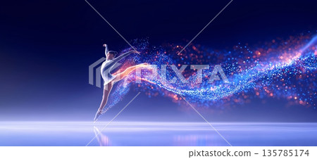 figure skating banner. figure skating dynamic wallpaper with colorful light trails on a dark background 135785174