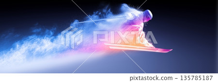 freestyle skiing banner. freestyle skiing dynamic wallpaper with colorful light trails on a dark background freestyle skiing banner. freestyle skiing dynamic wallpaper with colorful light trails on a dark background 135785187