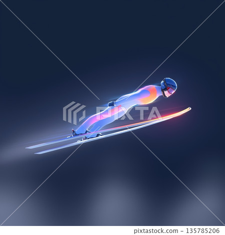 ski jumping banner. ski jumping dynamic wallpaper with colorful light trails on a dark background 135785206