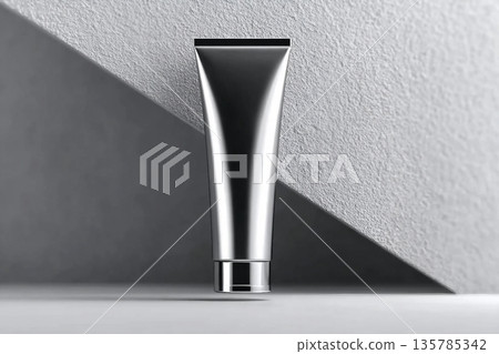 Plain silver mock cosmetics tube on a high end background, 3D illustration 135785342