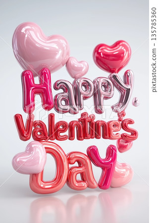 Happy Valentines Day 3D text with floating hearts. Glossy pink Happy Valentines Day text and hearts floating on a reflective surface Happy Valentines Day 3D text with floating hearts. Glossy pink Happy Valentines Day text and hearts floating on a reflective surface 135785360