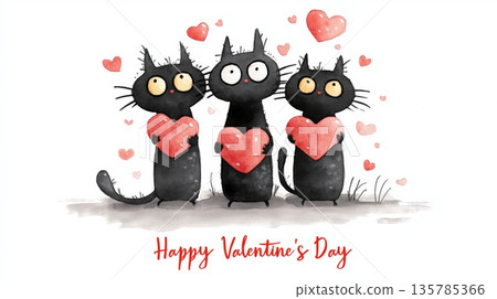 Three black cats holding hearts celebrating Valentine's Day. Three cartoon black cats holding red hearts with floating additional hearts against a white background Three black cats holding hearts celebrating Valentine's Day. Three cartoon black cats holding red hearts with floating additional hearts against a white background 135785366