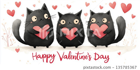 Three black cats holding hearts celebrating Valentine's Day. Three cartoon black cats holding red hearts with floating additional hearts against a white background Three black cats holding hearts celebrating Valentine's Day. Three cartoon black cats holding red hearts with floating additional hearts against a white background 135785367
