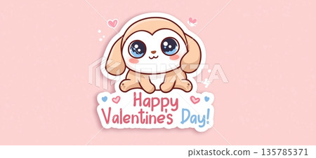 Cute big-eyed animal delivering Happy Valentine's Day message. Cute cartoon animal holding a pink sign for Valentine's Day celebration 135785371