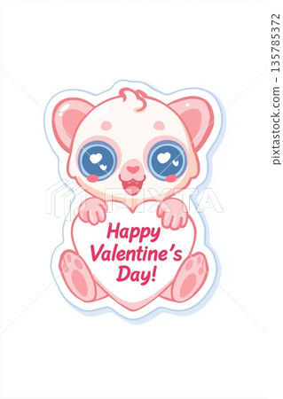 Cute big-eyed animal delivering Happy Valentine's Day message. Cute cartoon animal holding a pink sign for Valentine's Day celebration 135785372