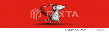Cute gray rat carrying red heart running. Cartoon gray rat running with a large red heart on a solid red background Cute gray rat carrying red heart running. Cartoon gray rat running with a large red heart on a solid red background 135785380