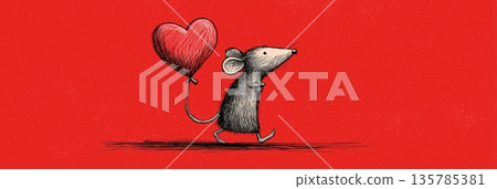 Cute gray rat carrying red heart running. Cartoon gray rat running with a large red heart on a solid red background Cute gray rat carrying red heart running. Cartoon gray rat running with a large red heart on a solid red background 135785381