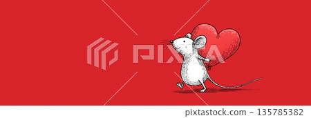 Cute gray rat carrying red heart running. Cartoon gray rat running with a large red heart on a solid red background Cute gray rat carrying red heart running. Cartoon gray rat running with a large red heart on a solid red background 135785382