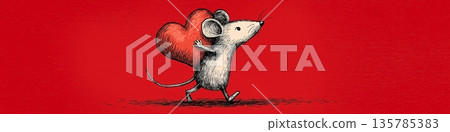 Cute gray rat carrying red heart running. Cartoon gray rat running with a large red heart on a solid red background Cute gray rat carrying red heart running. Cartoon gray rat running with a large red heart on a solid red background 135785383