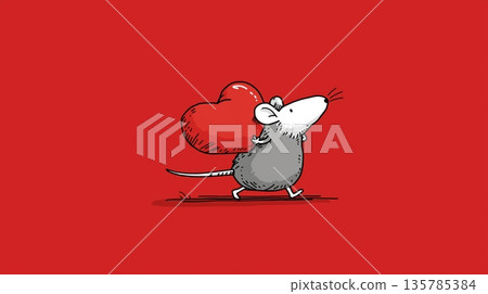 Cute gray rat carrying red heart running. Cartoon gray rat running with a large red heart on a solid red background Cute gray rat carrying red heart running. Cartoon gray rat running with a large red heart on a solid red background 135785384
