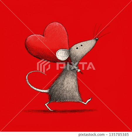 Cute gray rat carrying red heart running. Cartoon gray rat running with a large red heart on a solid red background Cute gray rat carrying red heart running. Cartoon gray rat running with a large red heart on a solid red background 135785385