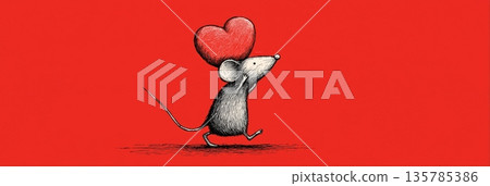 Cute gray rat carrying red heart running. Cartoon gray rat running with a large red heart on a solid red background Cute gray rat carrying red heart running. Cartoon gray rat running with a large red heart on a solid red background 135785386