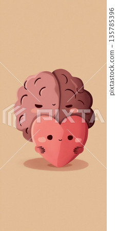 Gentle cartoon brain and heart hugging, showing mental health. Brain and heart characters are hugging, symbolizing mental and emotional balance with care Gentle cartoon brain and heart hugging, showing mental health. Brain and heart characters are hugging, symbolizing mental and emotional balance with care 135785396