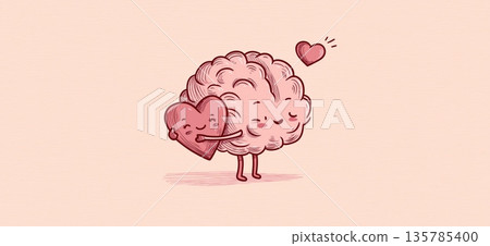 Gentle cartoon brain and heart hugging, showing mental health. Brain and heart characters are hugging, symbolizing mental and emotional balance with care Gentle cartoon brain and heart hugging, showing mental health. Brain and heart characters are hugging, symbolizing mental and emotional balance with care 135785400