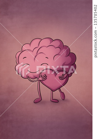 Gentle cartoon brain and heart hugging, showing mental health. Brain and heart characters are hugging, symbolizing mental and emotional balance with care 135785402