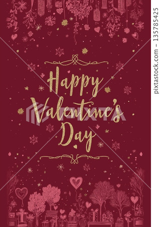 Happy Valentine's Day gold glitter greeting with floral ornament. Gold happy Valentine's Day text on a red background with decorative floral elements 135785425