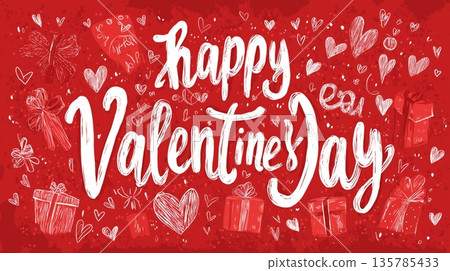 Happy Valentine's Day greeting with doodle hearts and gifts. Red background with white handwritten lettering for a romantic celebration of love Happy Valentine's Day greeting with doodle hearts and gifts. Red background with white handwritten lettering for a romantic celebration of love 135785433
