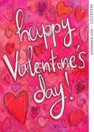 Happy Valentine's Day greeting with vibrant pink hearts. Hand-drawn Happy Valentine's Day text with textured hearts on a plaid background Happy Valentine's Day greeting with vibrant pink hearts. Hand-drawn Happy Valentine's Day text with textured hearts on a plaid background 135785434