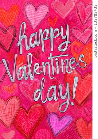Happy Valentine's Day greeting with vibrant pink hearts. Hand-drawn Happy Valentine's Day text with textured hearts on a plaid background Happy Valentine's Day greeting with vibrant pink hearts. Hand-drawn Happy Valentine's Day text with textured hearts on a plaid background 135785435
