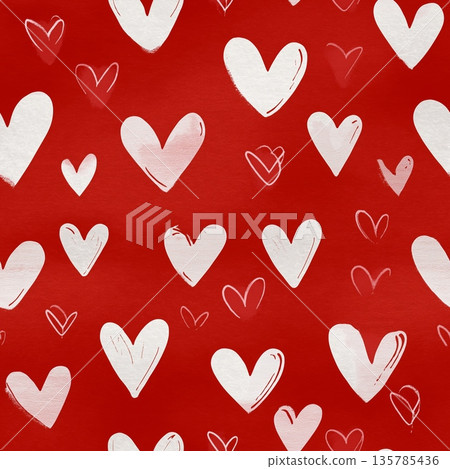 Hand drawn white hearts seamless pattern on red background. White outline and filled hearts scattering on a red watercolor textured surface Hand drawn white hearts seamless pattern on red background. White outline and filled hearts scattering on a red watercolor textured surface 135785436