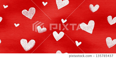 Hand drawn white hearts seamless pattern on red background. White outline and filled hearts scattering on a red watercolor textured surface 135785437