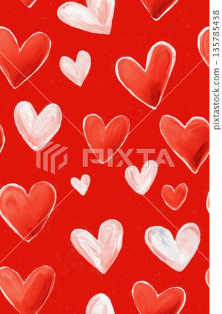Hand drawn white hearts seamless pattern on red background. White outline and filled hearts scattering on a red watercolor textured surface Hand drawn white hearts seamless pattern on red background. White outline and filled hearts scattering on a red watercolor textured surface 135785438