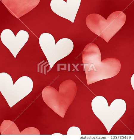 Hand drawn white hearts seamless pattern on red background. White outline and filled hearts scattering on a red watercolor textured surface 135785439