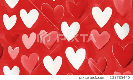Hand drawn white hearts seamless pattern on red background. White outline and filled hearts scattering on a red watercolor textured surface Hand drawn white hearts seamless pattern on red background. White outline and filled hearts scattering on a red watercolor textured surface 135785440