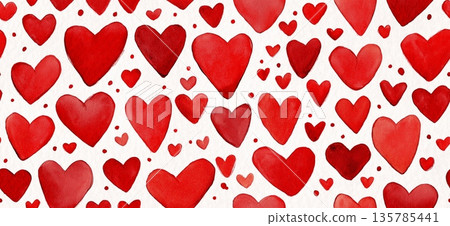 Hand drawn white hearts seamless pattern on red background. White outline and filled hearts scattering on a red watercolor textured surface Hand drawn white hearts seamless pattern on red background. White outline and filled hearts scattering on a red watercolor textured surface 135785441