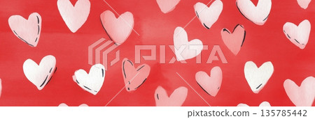 Hand drawn white hearts seamless pattern on red background. White outline and filled hearts scattering on a red watercolor textured surface Hand drawn white hearts seamless pattern on red background. White outline and filled hearts scattering on a red watercolor textured surface 135785442