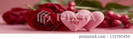 Pink heart candies displaying Valentines Day message with roses. Pink heart candies symbolizing love and romance with a festive Valentine's Day background Pink heart candies displaying Valentines Day message with roses. Pink heart candies symbolizing love and romance with a festive Valentine's Day background 135785450