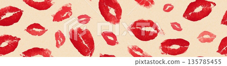 Red lipstick kiss marks seamless pattern on textured paper. Red lipstick kiss marks covering a cream textured paper surface, creating a playful pattern 135785455