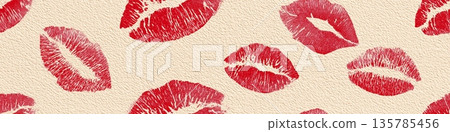 Red lipstick kiss marks seamless pattern on textured paper. Red lipstick kiss marks covering a cream textured paper surface, creating a playful pattern 135785456