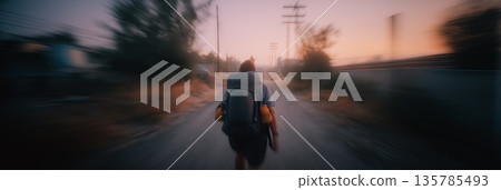 Backpacker walking road at sunset journeying toward destination. Backpacker walking on a road at sunset, motion blur suggesting movement and travel Backpacker walking road at sunset journeying toward destination. Backpacker walking on a road at sunset, motion blur suggesting movement and travel 135785493