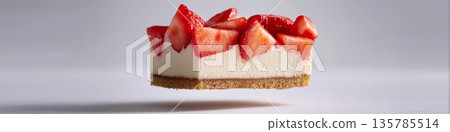Levitating strawberry cheesecake slice with fresh fruit. Strawberry cheesecake slice levitating with fresh strawberries on a clean white background Levitating strawberry cheesecake slice with fresh fruit. Strawberry cheesecake slice levitating with fresh strawberries on a clean white background 135785514