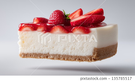 Levitating strawberry cheesecake slice with fresh fruit. Strawberry cheesecake slice levitating with fresh strawberries on a clean white background Levitating strawberry cheesecake slice with fresh fruit. Strawberry cheesecake slice levitating with fresh strawberries on a clean white background 135785517