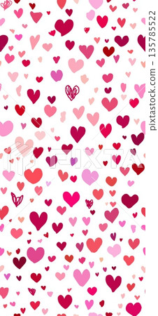 Pink heart pattern creating simple love background. Pink hand-drawn hearts forming a seamless pattern on a white background 135785522