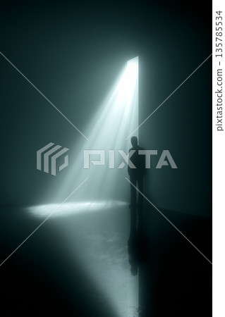 Silhouette of woman in light ray leaving darkness. Female silhouette standing in a beam of light, symbolizing hope and new beginnings 135785534
