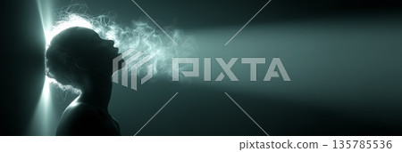 Silhouette of woman in light ray leaving darkness. Female silhouette standing in a beam of light, symbolizing hope and new beginnings 135785536
