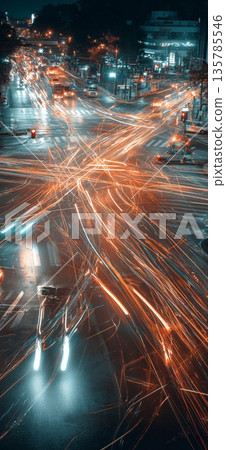 Urban intersection showcasing rapid light trails and motion blur. City lights creating dynamic light trails at a busy intersection depicting speed and modern life Urban intersection showcasing rapid light trails and motion blur. City lights creating dynamic light trails at a busy intersection depicting speed and modern life 135785546