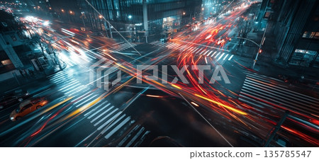 Urban intersection showcasing rapid light trails and motion blur. City lights creating dynamic light trails at a busy intersection depicting speed and modern life 135785547