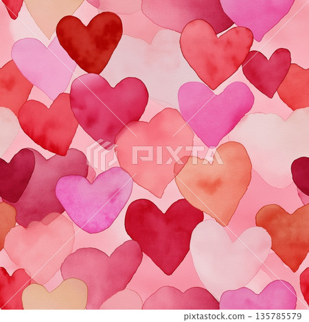 Seamless watercolor heart pattern for Valentine's Day love. Watercolor hearts creating a seamless pattern in shades of pink and red on a white background 135785579