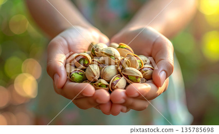 Hands Cradling Fresh Pistachio Nuts in Sunlit Outdoors With Warm, Natural Colors. 135785698