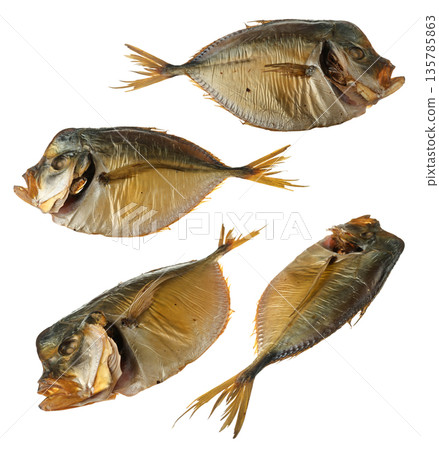 Smoked vomer fish, collage on white background isolated Smoked vomer fish, collage on white background isolated 135785863
