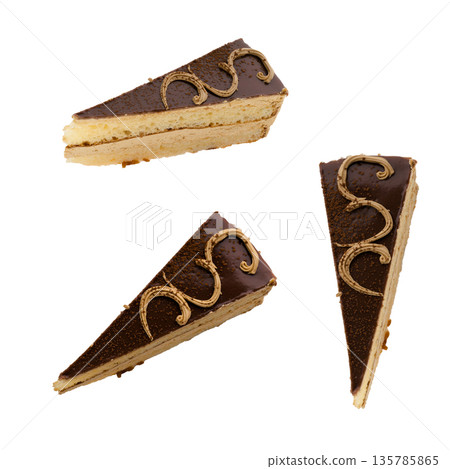 Dessert, pastry, piece of sponge cake on white background isolated 135785865